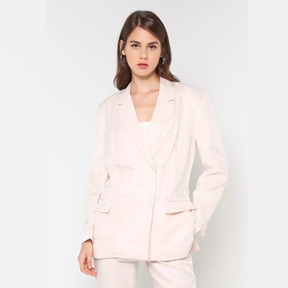 French Connection || Arlo Drape Linen-Blend Suit Jacket Oversized Blazer Cream 6